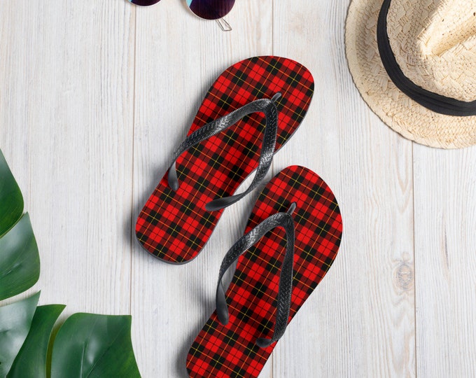RED TARTAN PLAID Flip-Flops for Men or Women Plaid Flip-Flops - Thong Sandals - Shoes - Footwear - Red and Black Plaid Flip Flops Beacwear