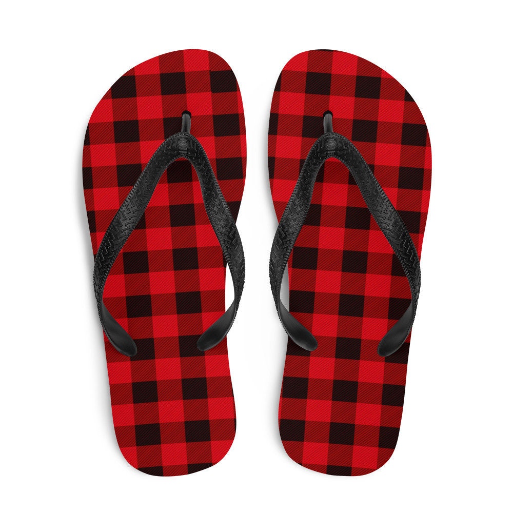 Red and Black BUFFALO PLAID Flip-Flops Unisex Thong Sandals for Men or ...