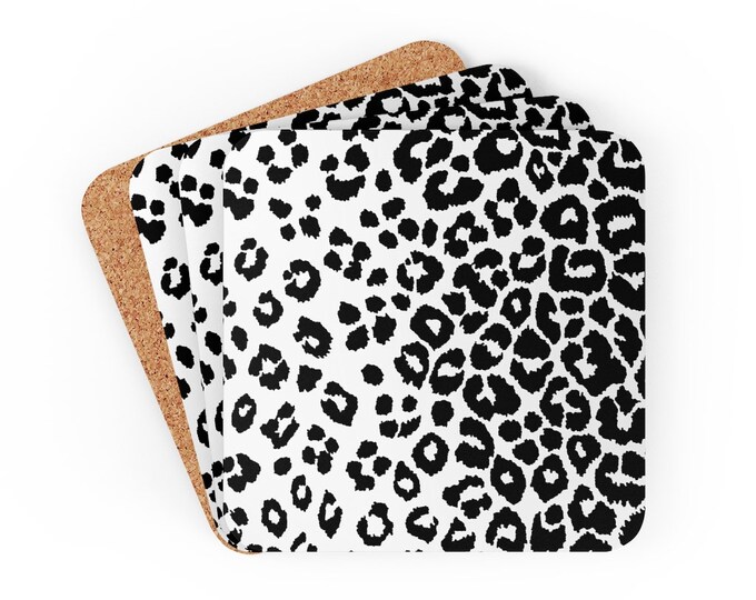 CHEETAH PRINT COASTERS - Set of 4 - Snow Leopard Coasters - White Cheetah - Animal Print Decor - Cheetah Decor - Corkwood Coaster Set