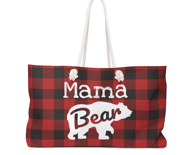 MAMA BEAR TOTE Oversized Tote Bag Weekender Bag Beach Bag Pool Bag Diaper Bag Tote Buffalo Plaid Bear Tote for Mom