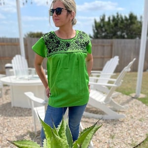 Mexican Green Blouse Embroidered in Black - from Mexico Spanish Traditional Cultural Folk Outfit Costume Clothes