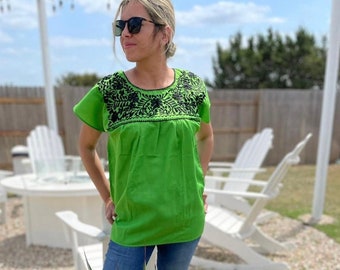 Mexican Green Blouse Embroidered in Black - from Mexico Spanish Traditional Cultural Folk Outfit Costume Clothes