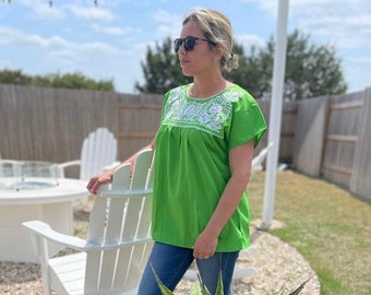 Mexican Green Blouse Embroidered in White - from Mexico Spanish Traditional Cultural Folk Outfit Costume Clothes