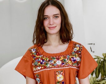 Handmade Mexican Embroidered Burnt Orange Dress - from Mexico Spanish Traditional Cultural Folk Outfit Costume Clothes