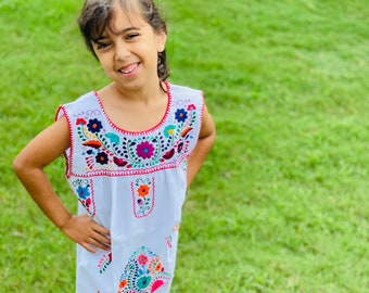 White Hand Embroidered Sleeveless Children Dress from Mexico / Handmade Spanish Mexican Dress Traditional Cultural Outfit