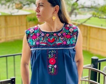 Handmade Mexican Embroidered Sleeveless Navy Blouse - from Mexico Spanish Traditional Cultural Folk Outfit Costume Clothes