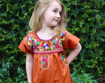 Burnt Orange Embroidered Children Dress from Mexico / Handmade Spanish Mexican Dress Traditional Cultural Folk Outfit Costume Clothes