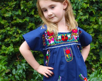 Blue Hand Embroidered Children Dress from Mexico / Handmade Spanish Mexican Dress Traditional Cultural Folk Outfit Costume Clothes