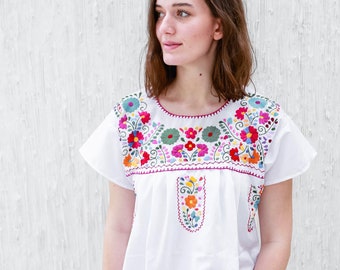 Handmade Mexican Embroidered White Dress - from Mexico Spanish Traditional Cultural Folk Outfit Costume Clothes