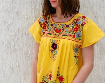 Handmade Mexican Embroidered Yellow Dress - from Mexico Spanish Traditional Cultural Folk Outfit Costume Clothes Handmade Mexican Embroidered Yellow Dress - from Mexico Spanish Traditional Cultural Folk Outfit Costume Clothes