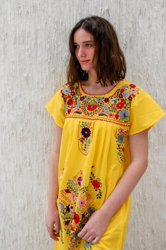 Handmade Mexican Embroidered Yellow Dress - from Mexico Spanish Traditional Cultural Folk Outfit Costume Clothes