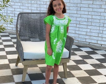Green Embroidery in  White / Children Dress from Mexico / Spanish Mexican Dress Traditional Cultural Folk Outfit Costume Clothes