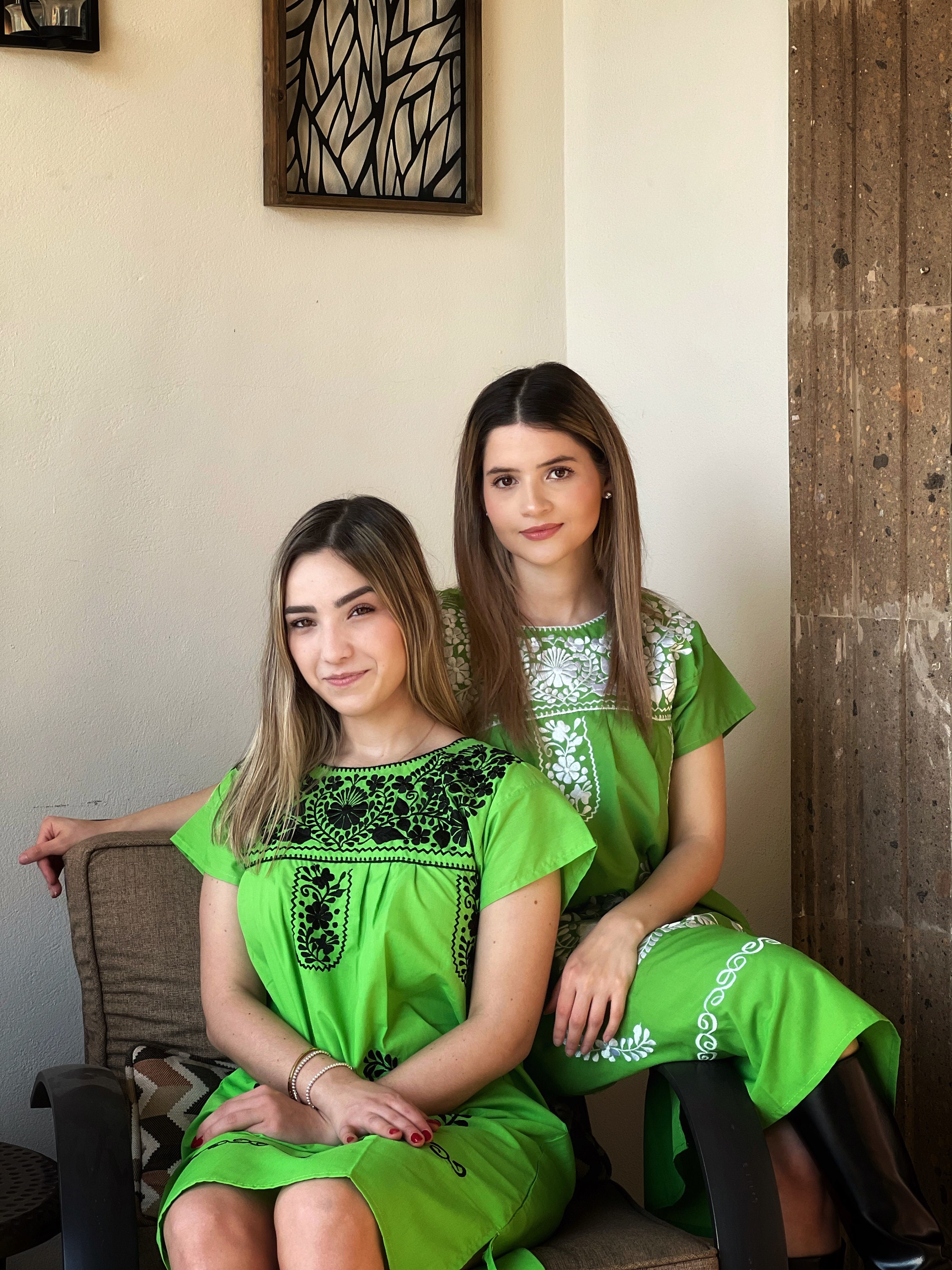 Mexican Green Dress Embroidered in White - from Mexico Spanish Traditional Cultural Folk Outfit Costume Clothes