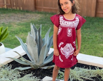 Maroon Embroidery in White / Children Dress from Mexico / Spanish Mexican Dress Traditional Cultural Folk Outfit Costume Clothes