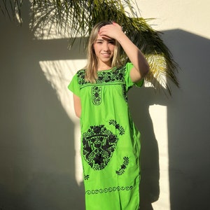 Mexican Green Dress Embroidered in Black - from Mexico Spanish Traditional Cultural Folk Outfit Costume Clothes