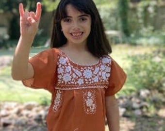 Burnt Orange (Embroidery: White)  Hand Embroidered Children Dress from Mexico / Handmade Spanish Mexican Dress Traditional Cultural Outfit