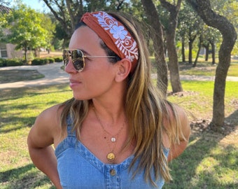 Embroidered Headband with Elastic Band: Burnt Orange