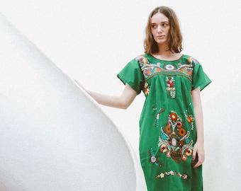 Handmade Mexican Embroidered Green Dress - from Mexico Spanish Traditional Cultural Folk Outfit Costume Clothes