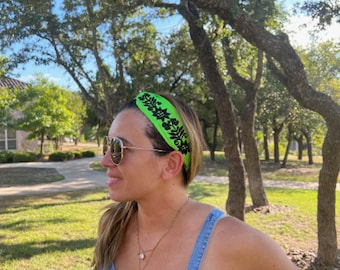 Embroidered Headband with Elastic Band:  Green