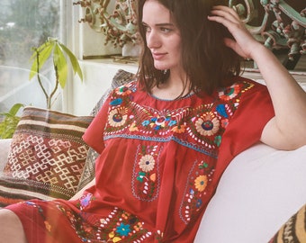 Handmade Mexican Embroidered Red Dress - from Mexico Spanish Traditional Cultural Folk Outfit Costume Clothes