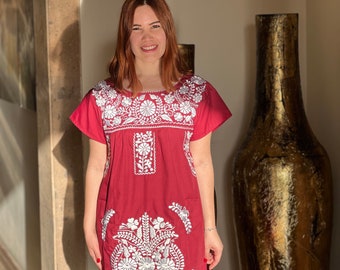 Mexican Maroon Dress Embroidered in White - from Mexico Spanish Traditional Cultural Folk Outfit Costume Clothes