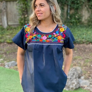 Handmade Mexican Embroidered Navy Blouse - from Mexico Spanish Traditional Cultural Folk Outfit Costume Clothes