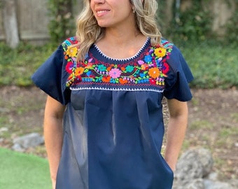 Handmade Mexican Embroidered Navy Blouse - from Mexico Spanish Traditional Cultural Folk Outfit Costume Clothes