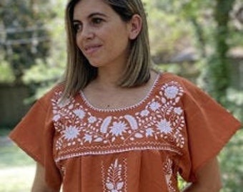 Mexican Embroidered Dress - Burnt Orange (Embroidery: White) - from Mexico Spanish Traditional Cultural Folk Outfit Costume