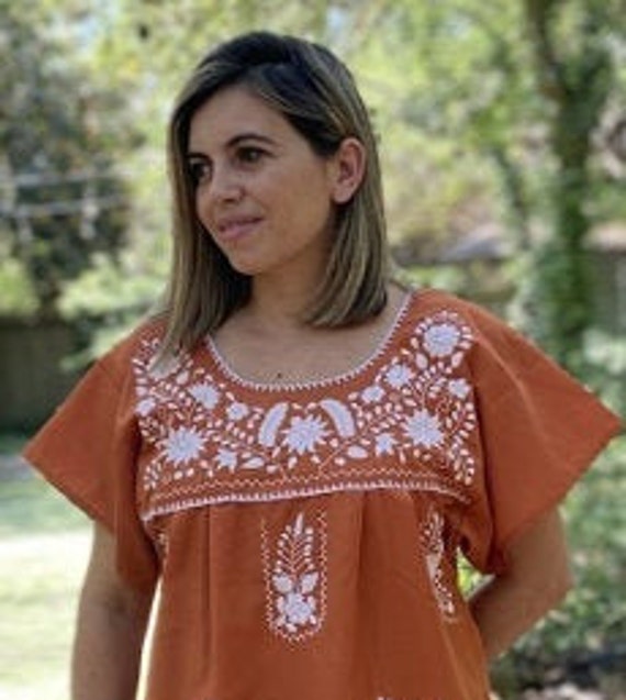 Mexican Embroidered Dress Burnt Orange embroidery White From Mexico Spanish Traditional Cultural Folk Outfit Costume Etsy