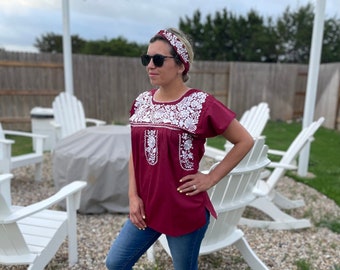 Mexican Maroon Blouse Embroidered in White - from Mexico Spanish Traditional Cultural Folk Outfit Costume Clothes