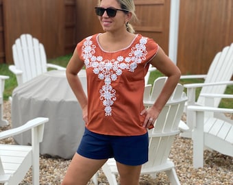 Burnt Orange  Bib Blouse - from Mexico Spanish Traditional Cultural Folk Outfit Costume Clothes