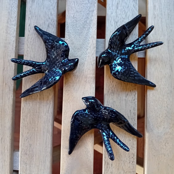 Set of 3 black ceramic swallows, Handmade, Portuguese Pottery, Ceramics, Wall Hanging, Wall Decor