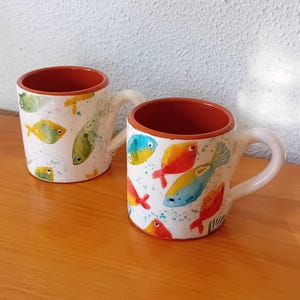 Large ceramic mug, Tea mug, Fish pattern, Hand made, Hand painted, Pottery, Portugal