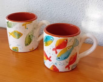 Large ceramic mug, Tea mug, Fish pattern, Hand made, Hand painted, Pottery, Portugal
