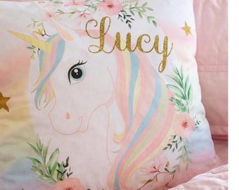 Funda de almohada de unicornio personalizada / Almohada con nombre para niña / Vinilo dorado con purpurina / Decoración personalizada para habitación de niña