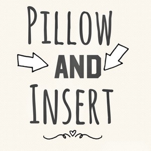Puede incluir: Dise&ntilde;o de texto sobre un fondo color crema que dice "PILLOW AND INSERT" en una fuente gris oscuro, estilo manuscrito. Flechas apuntan a la palabra "AND". Un adorno decorativo con un coraz&oacute;n est&aacute; debajo de la palabra "INSERT".