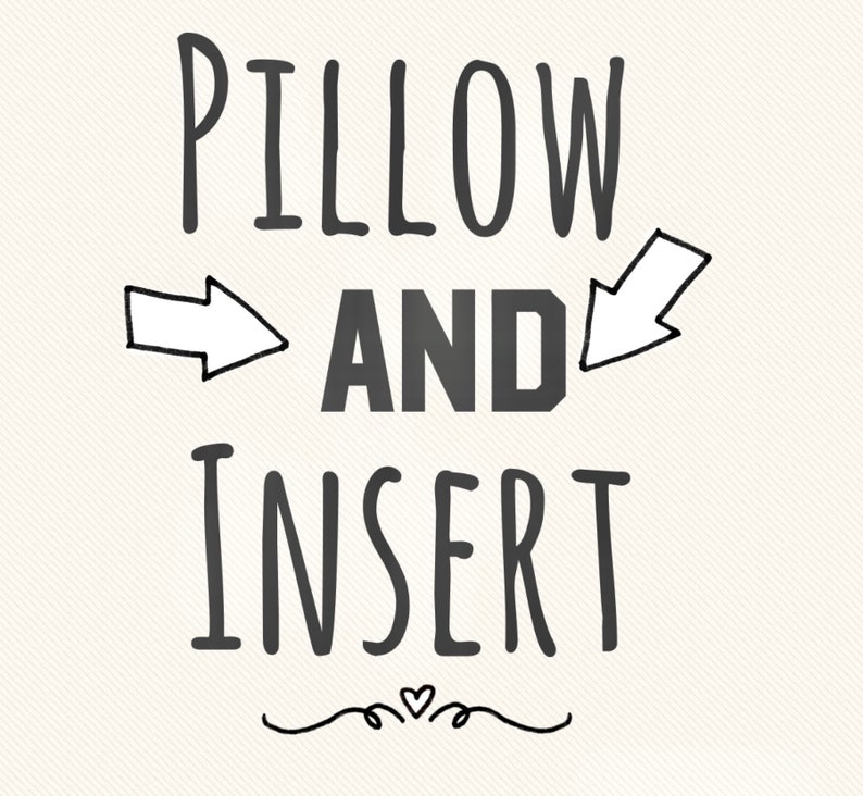 Puede incluir: Dise&ntilde;o de texto sobre un fondo color crema que dice "PILLOW AND INSERT" en una fuente gris oscuro, estilo manuscrito. Flechas apuntan a la palabra "AND". Un adorno decorativo con un coraz&oacute;n est&aacute; debajo de la palabra "INSERT".