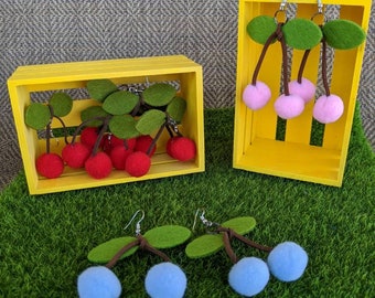 Pendientes de cereza de fieltro, joyas ligeras y coloridas