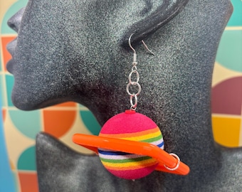 Saturn Earrings, Retro Rainbow Planet with Movable Ring