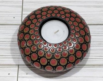Dot-Art Candle Holder Hand-Painted Boho Decor Holiday Gift Idea Red and Gold Office