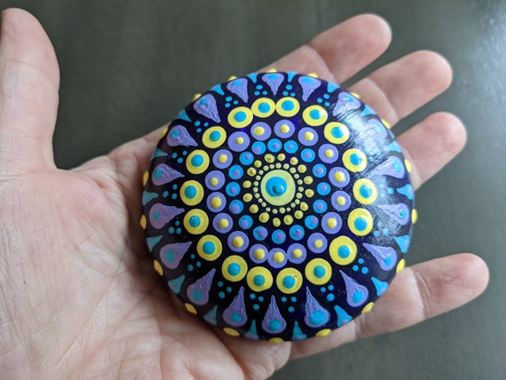 Mandala Stone 3" Round Dot Painted Gift Idea Boho Decor Purple Blue