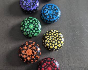 Chakra Magnet Set Colors Mandala Painted Hand-Cast Stones Meditation Zen Gift Idea Boho Decor