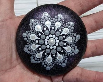 Round Mandala Dot-Painted Stone Color-Shifting Purple Metallic Acrylics 3" Rock Holiday Gift Idea