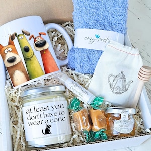 May include: A gift box filled with a variety of items. Includes a mug with cartoon dogs, blue socks, a candle with text, a small bag, honey, lip balm, and wrapped candies. The candle reads "at least you don't have to wear a cone."