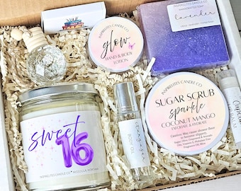 May include: A gift box containing beauty products such as a candle with "Sweet 16" on it, lavender soap, body oil, hand and body lotion, sugar scrub, and lip balm. The box is filled with paper.