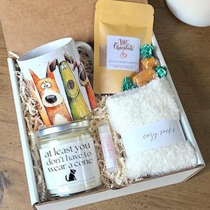 May include: A gift box containing a white ceramic mug with a colorful cartoon dog illustration, a pouch of hot chocolate mix, two wrapped caramels, a pair of white fuzzy socks, a lip balm, and a glass candle jar labeled At least you don't have to wear a cone.