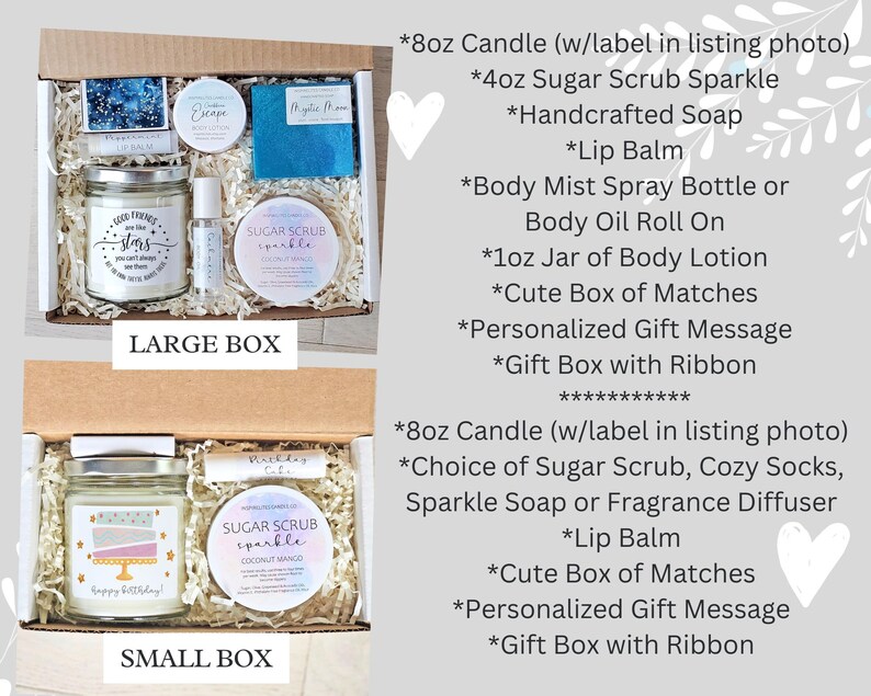 May include: Two gift boxes, labelled "LARGE BOX" and "SMALL BOX", filled with self-care items. The large box includes a candle, sugar scrub, soap, and lip balm. The small box contains a candle and sugar scrub. Both boxes are in a cardboard box.