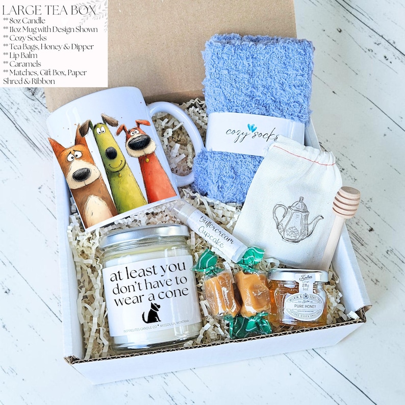 Pu&ograve; includere: Una confezione regalo con una tazza con illustrazioni di cani dei cartoni animati, una candela, calzini blu, bustine di t&egrave;, miele, burrocacao e caramelle. La candela recita "at least you don't have to wear a cone".