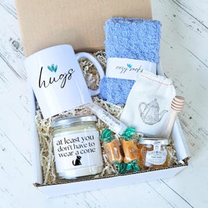 Pu&ograve; includere: Una confezione regalo piena di una tazza bianca con testo "hugs", calzini blu, una candela con testo "at least you don't have to wear a cone", miele, caramelle, balsamo per le labbra, una bustina di t&egrave; e un misurino di miele in legno. La scatola &egrave; foderata di carta.