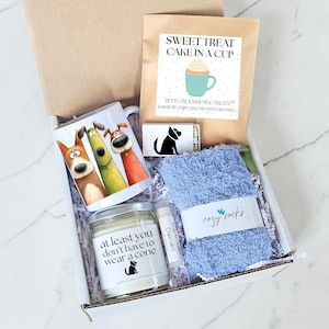 Pu&ograve; includere: Una confezione regalo con una tazza a tema cani, una candela, preparato per torte, fiammiferi, calzini blu e un balsamo per le labbra. La tazza presenta cani dei cartoni animati. La candela recita "at least you don't have to wear a cone".